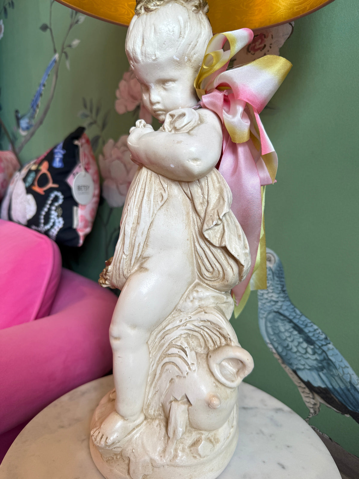Vintage Cherub Table Lamp with Blush Lacquer Shade