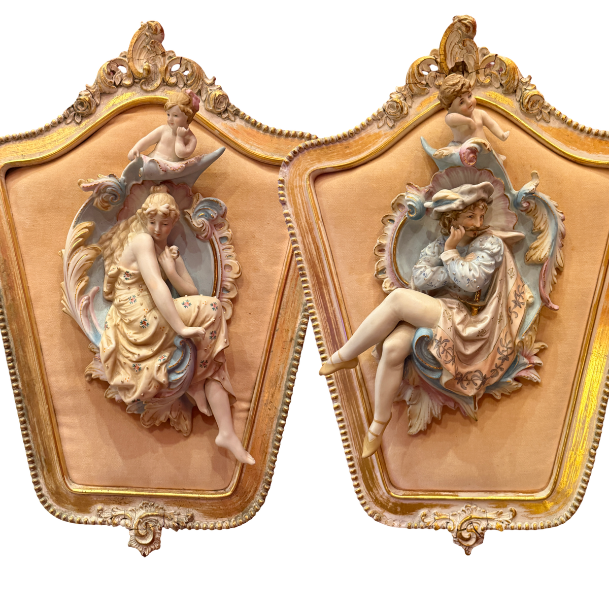 Vintage Rococo Style Cherub & Maiden Wall Plaque Pair