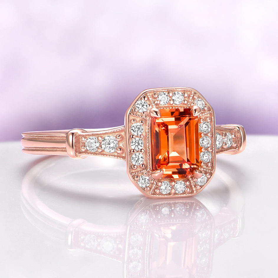 Vintage Halo Padparadscha Sapphire Ring in 14K Rose Gold Vermeil
