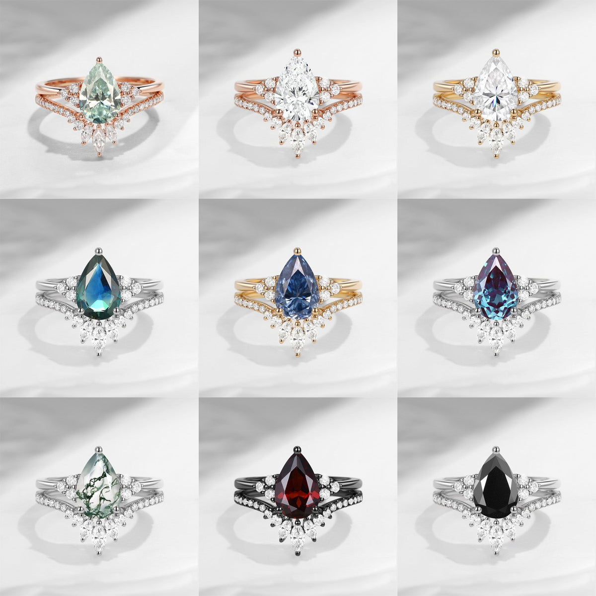 'Vivian' - Classic Style Pear Cut Natural Deep Blue Sapphire Cluster Engagement Ring Set