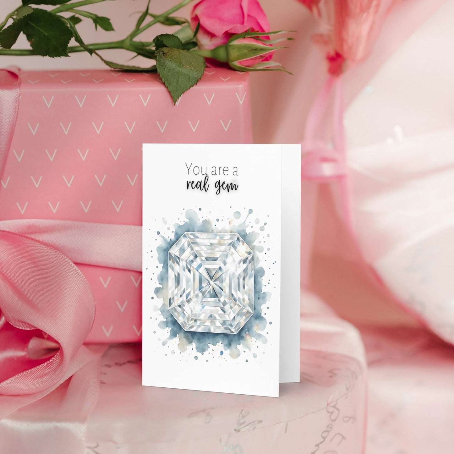 You are a real Gem | Watercolor Asscher Cut Diamond Folded Card