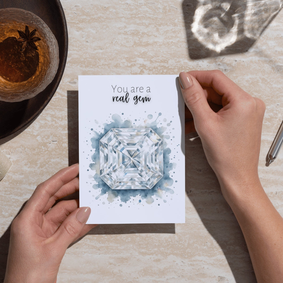 You are a real Gem | Watercolor Asscher Cut Diamond Folded Card