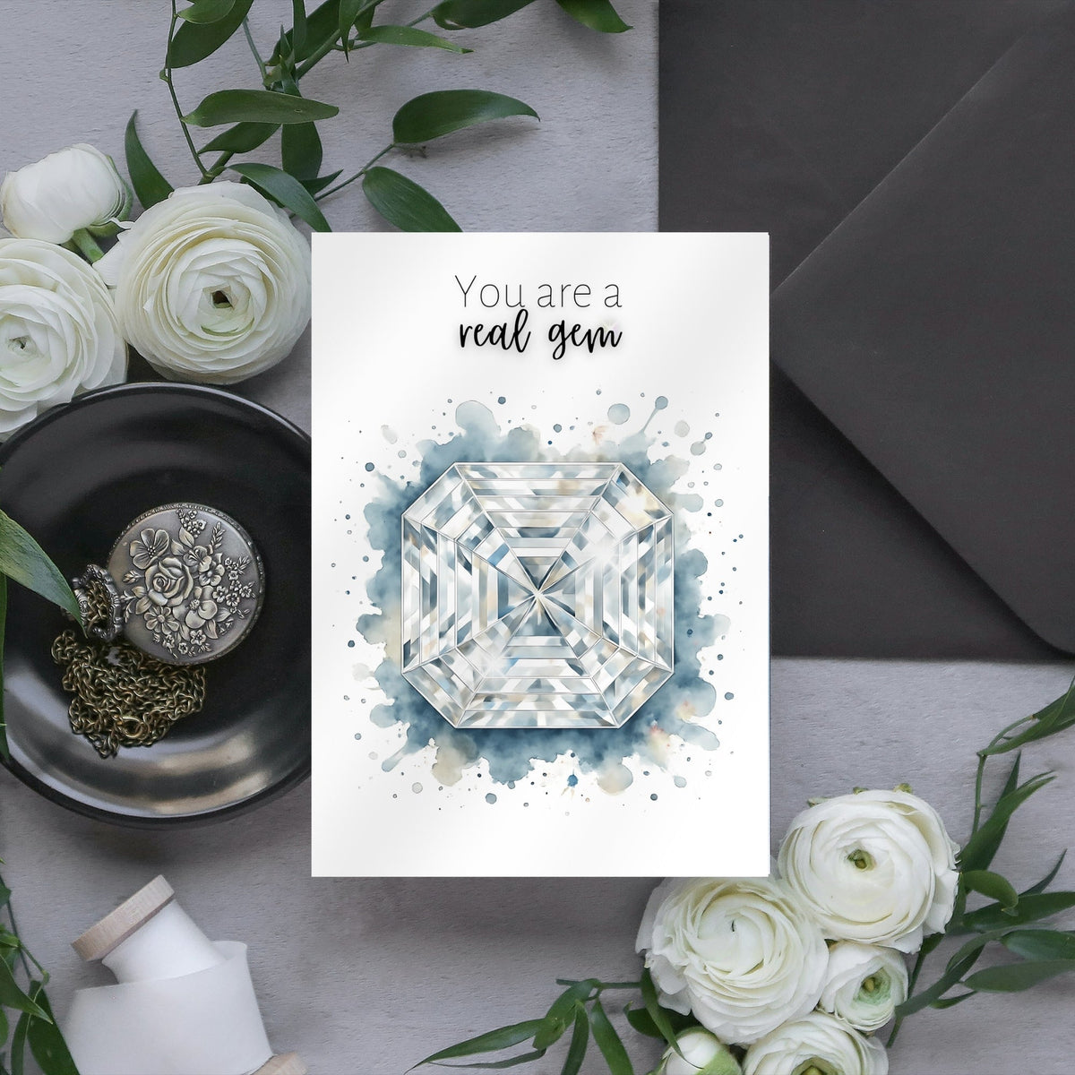 You are a real Gem | Watercolor Asscher Cut Diamond Folded Card