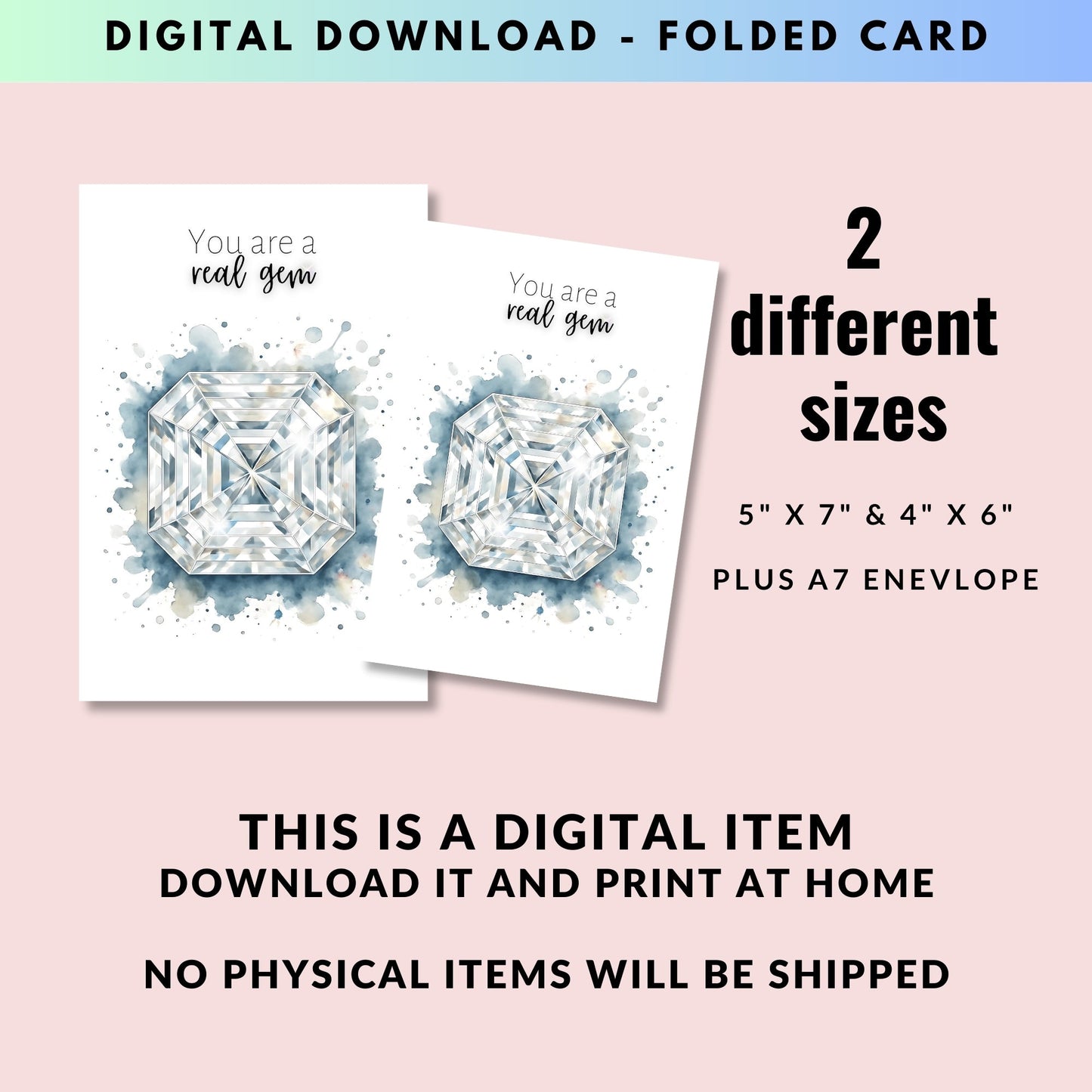You are a real Gem | Watercolor Asscher Cut Diamond Folded Card