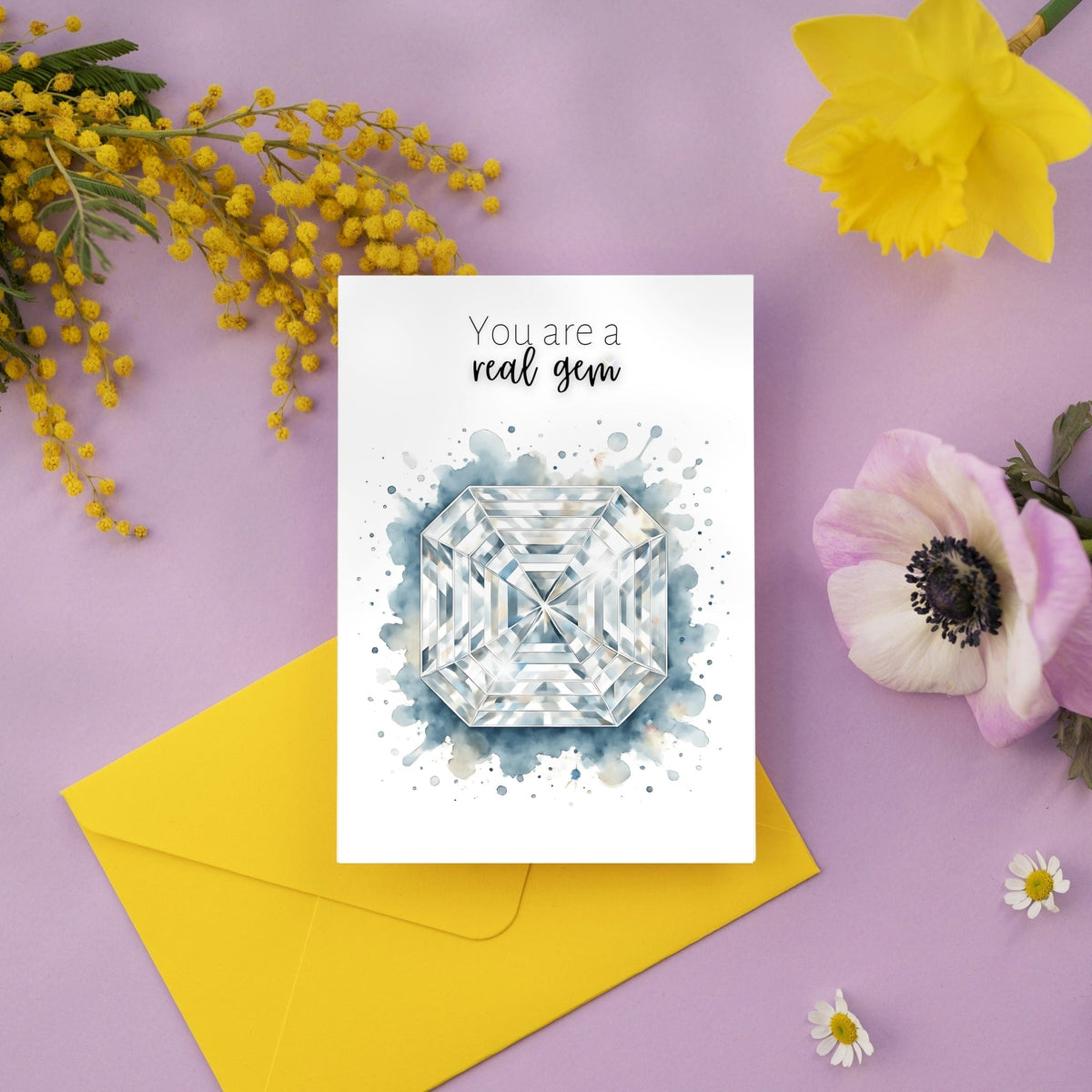 You are a real Gem | Watercolor Asscher Cut Diamond Folded Card