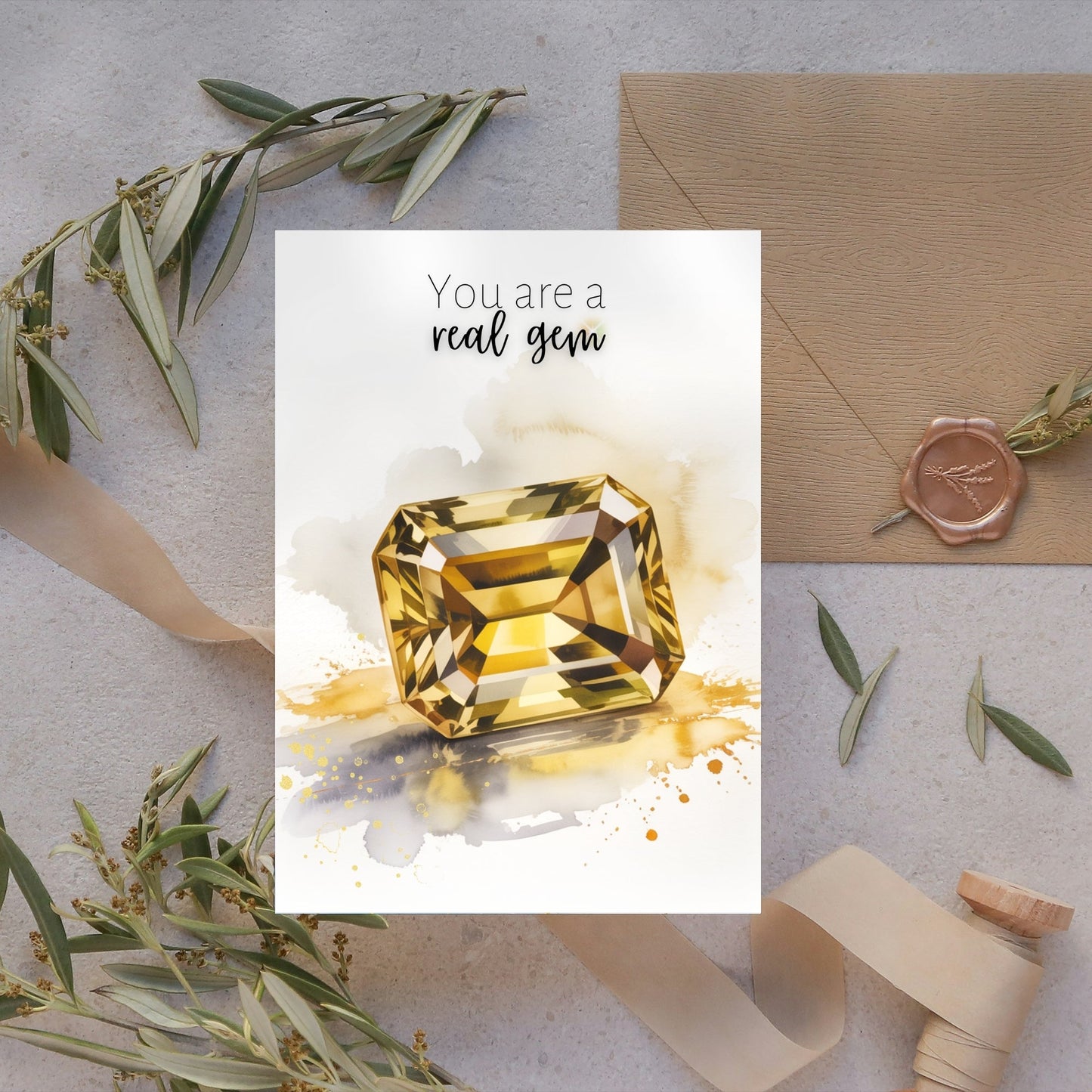 You are a real gem | Watercolor Emerald Cut Citrine Greeting Card