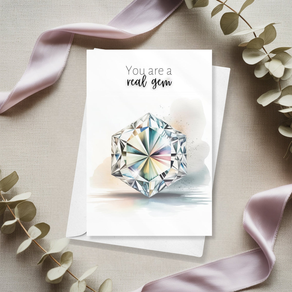 You are a real Gem | Watercolor Hexagon Cut Diamond Folded Card