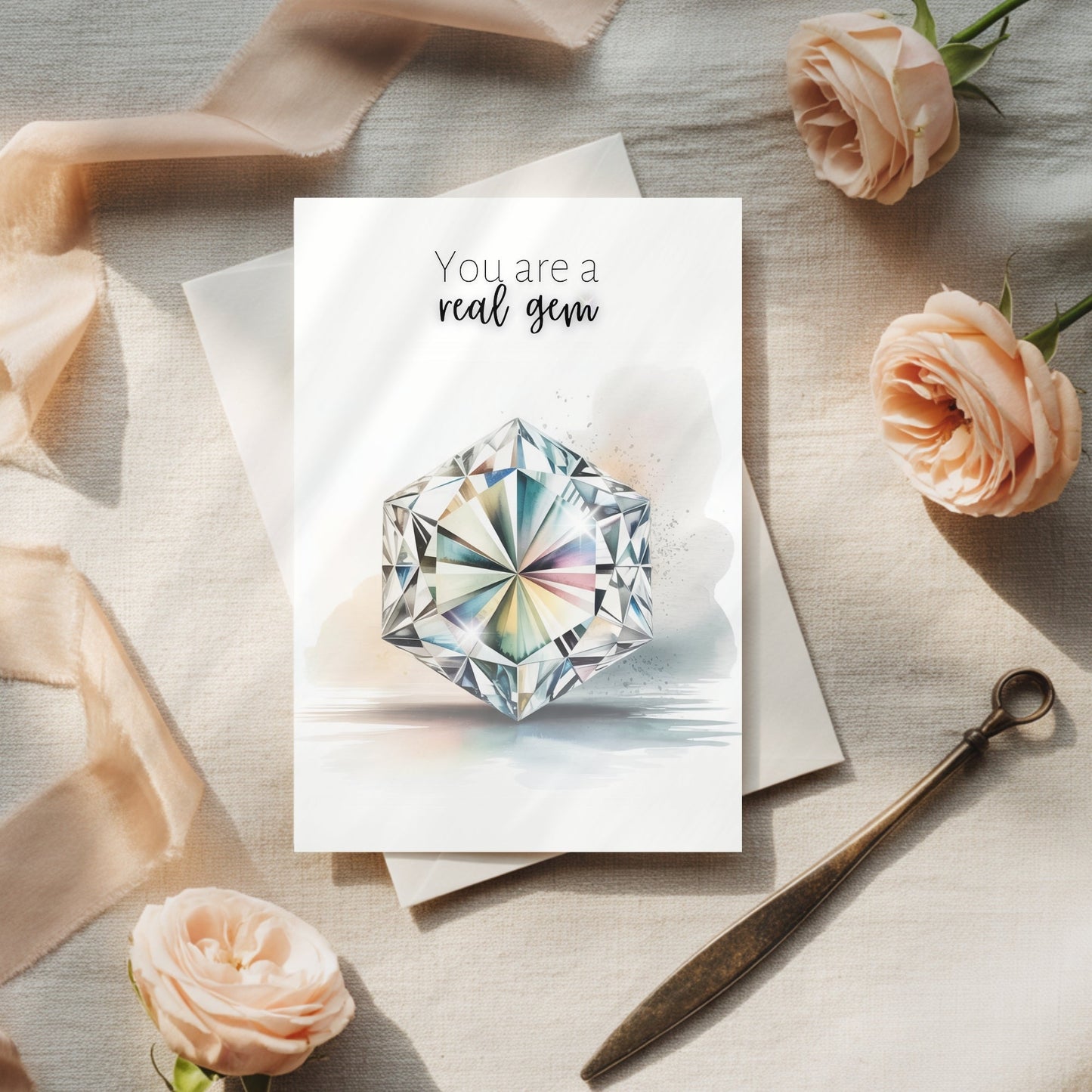You are a real Gem | Watercolor Hexagon Cut Diamond Folded Card