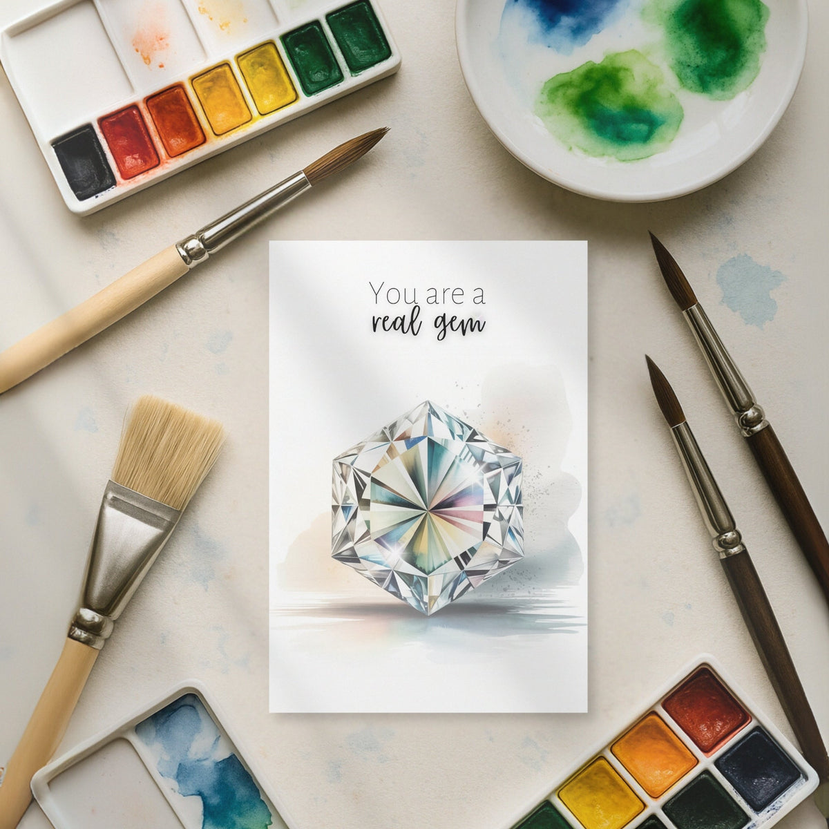 You are a real Gem | Watercolor Hexagon Cut Diamond Folded Card