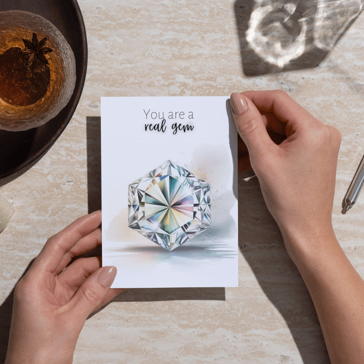 You are a real Gem | Watercolor Hexagon Cut Diamond Folded Card