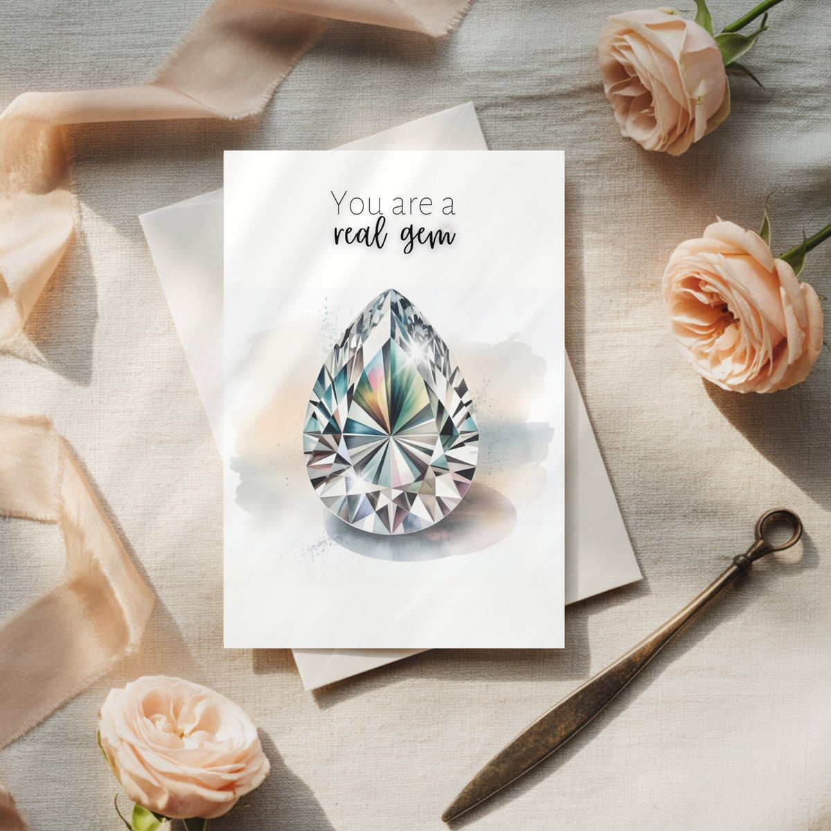 You are a real Gem | Watercolor Pear Cut Diamond Folded Card