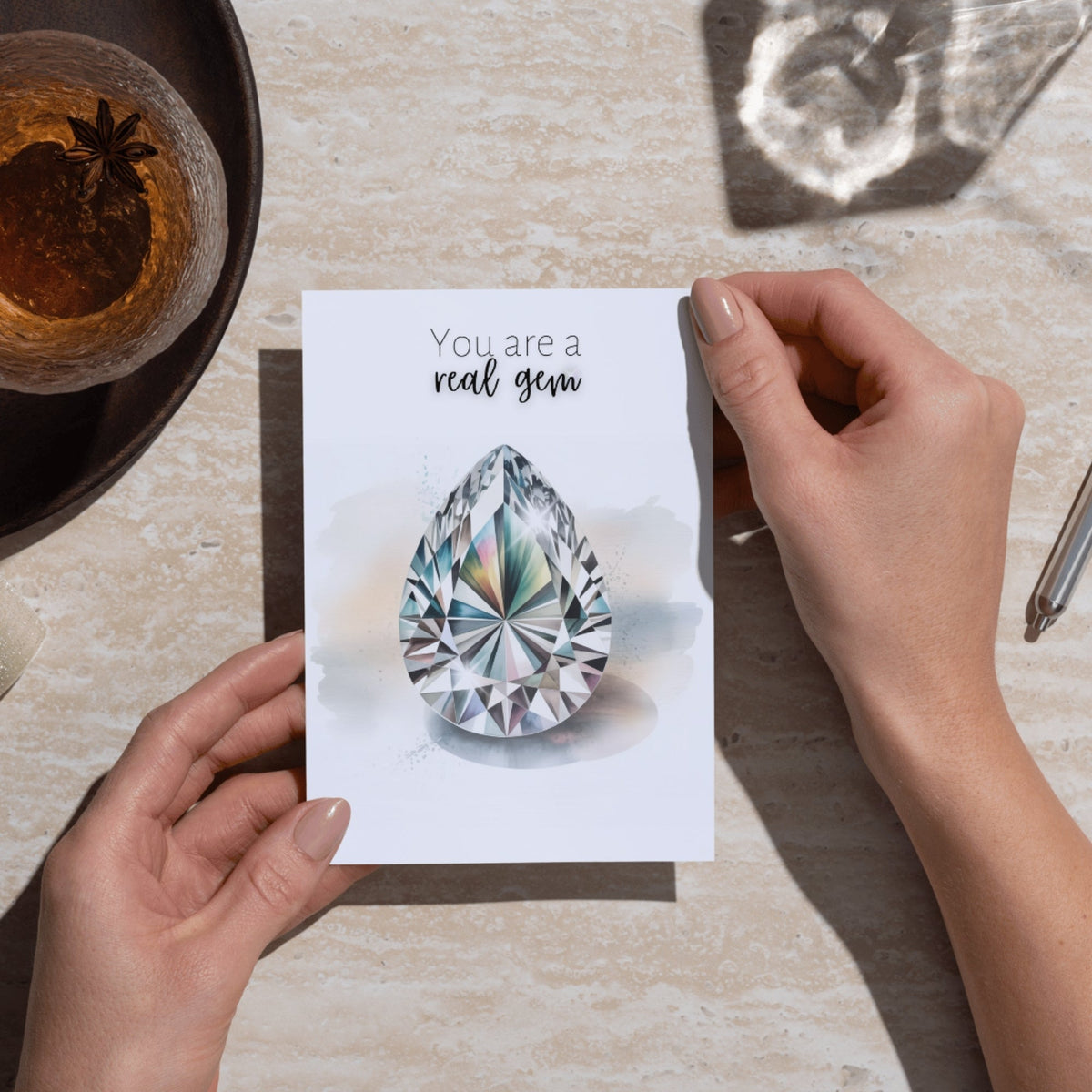 You are a real Gem | Watercolor Pear Cut Diamond Folded Card