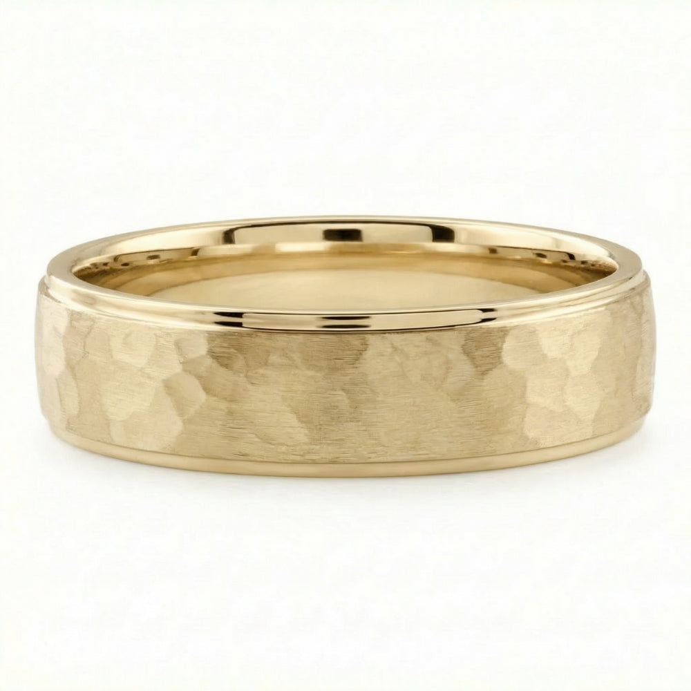 Men's Brushed Hammered Wedding Band 14k Gold Ring