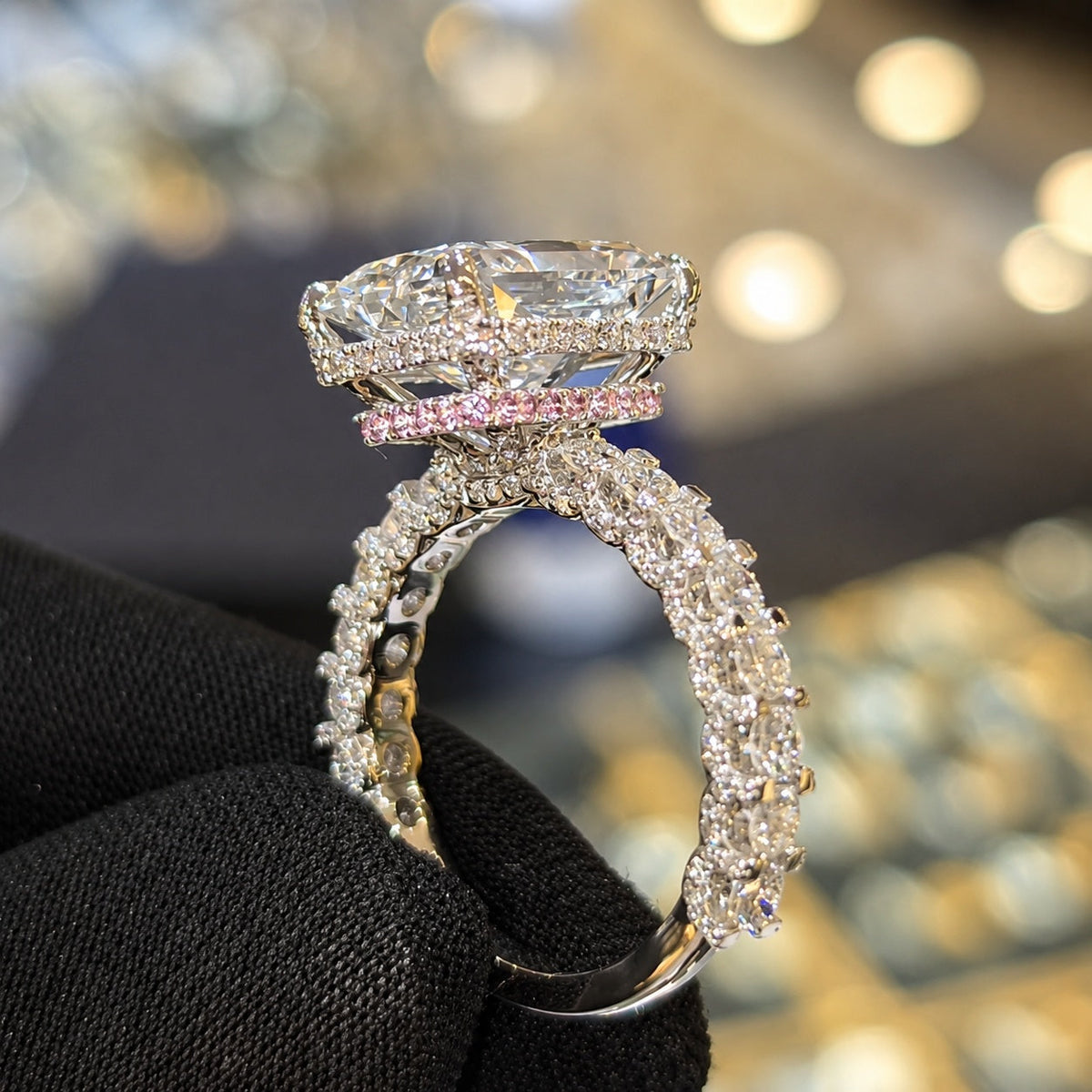 Magnificent 8.0ct Radiant Cut Chunky Eternity Band with Pink Collar Engagement Ring In Sterling Silver
