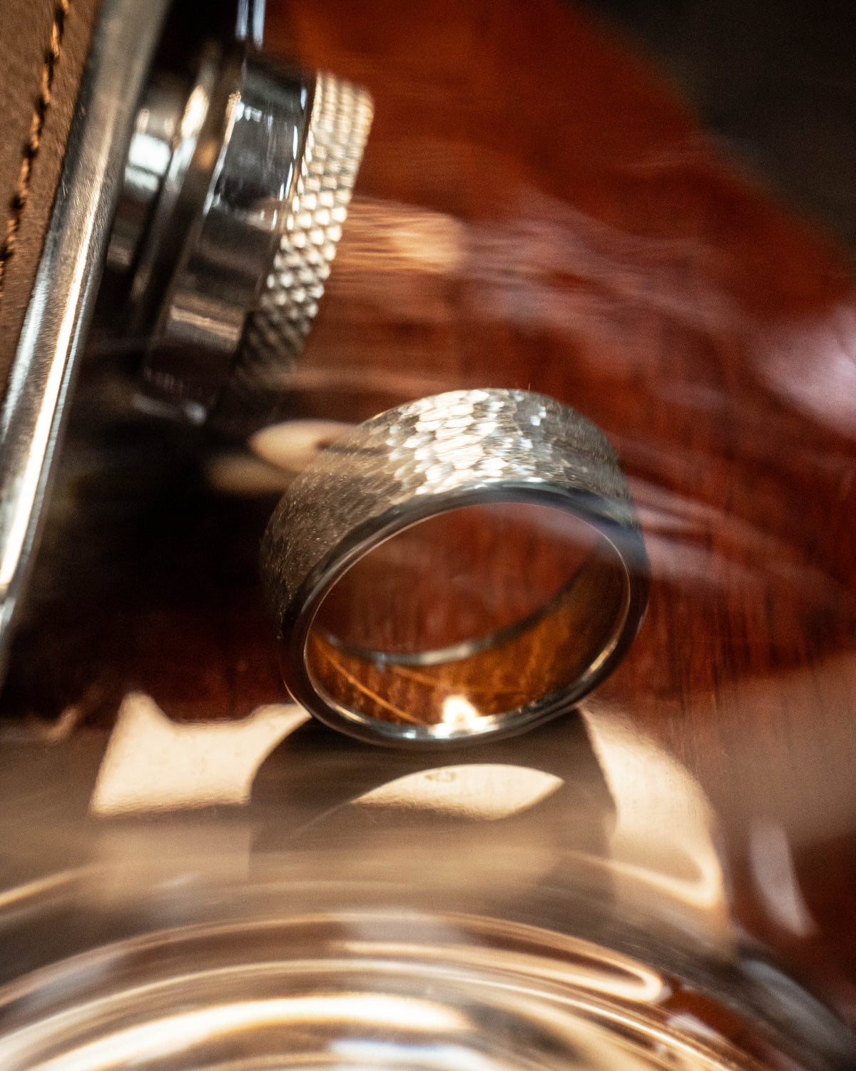 "Hyperion" - Whiskey Barrel Lined Wedding Band With Custom Finish
