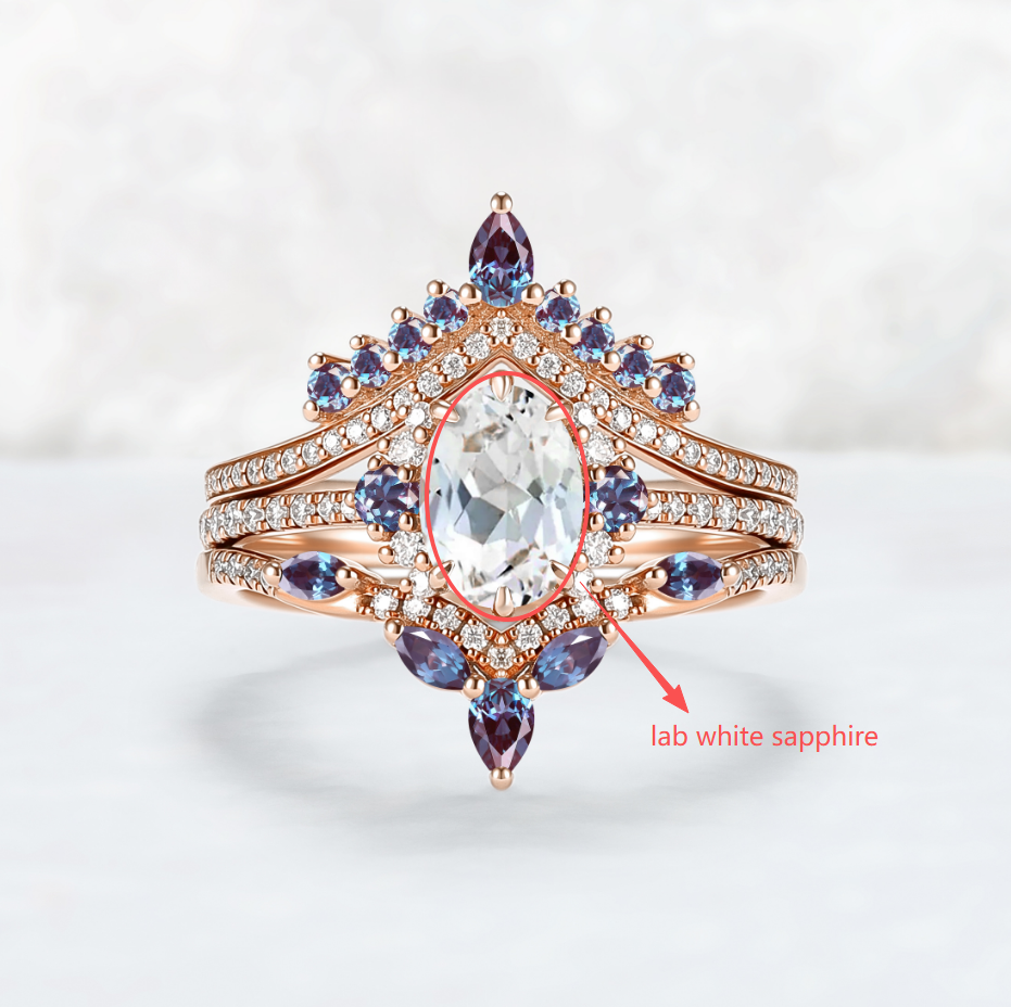 Custom Oval Cut White Sapphire Ring Set 3pcs for Courtney B