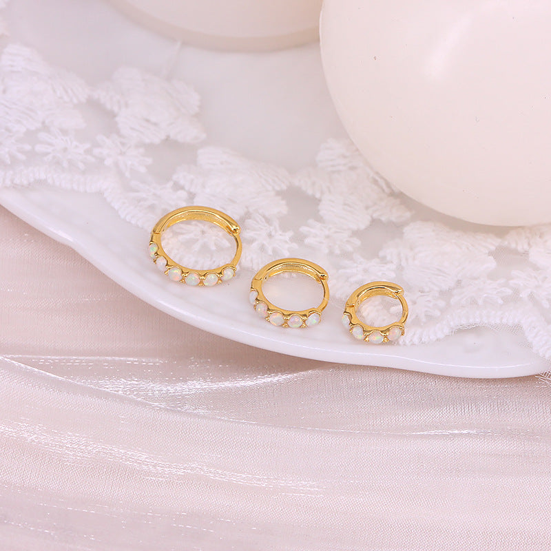 Round Blue & White Opal Huggie Hoop Earrings - 925 Sterling Silver Hypoallergenic Huggies