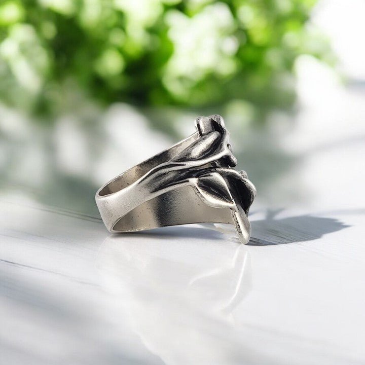 Wide Sterling Silver Ring with Leaves
