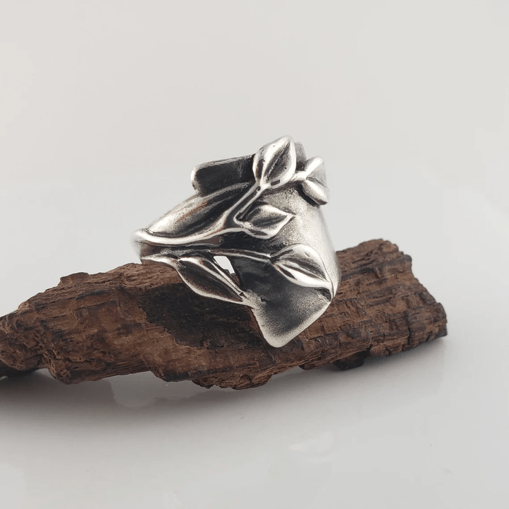 Wide Sterling Silver Ring with Leaves