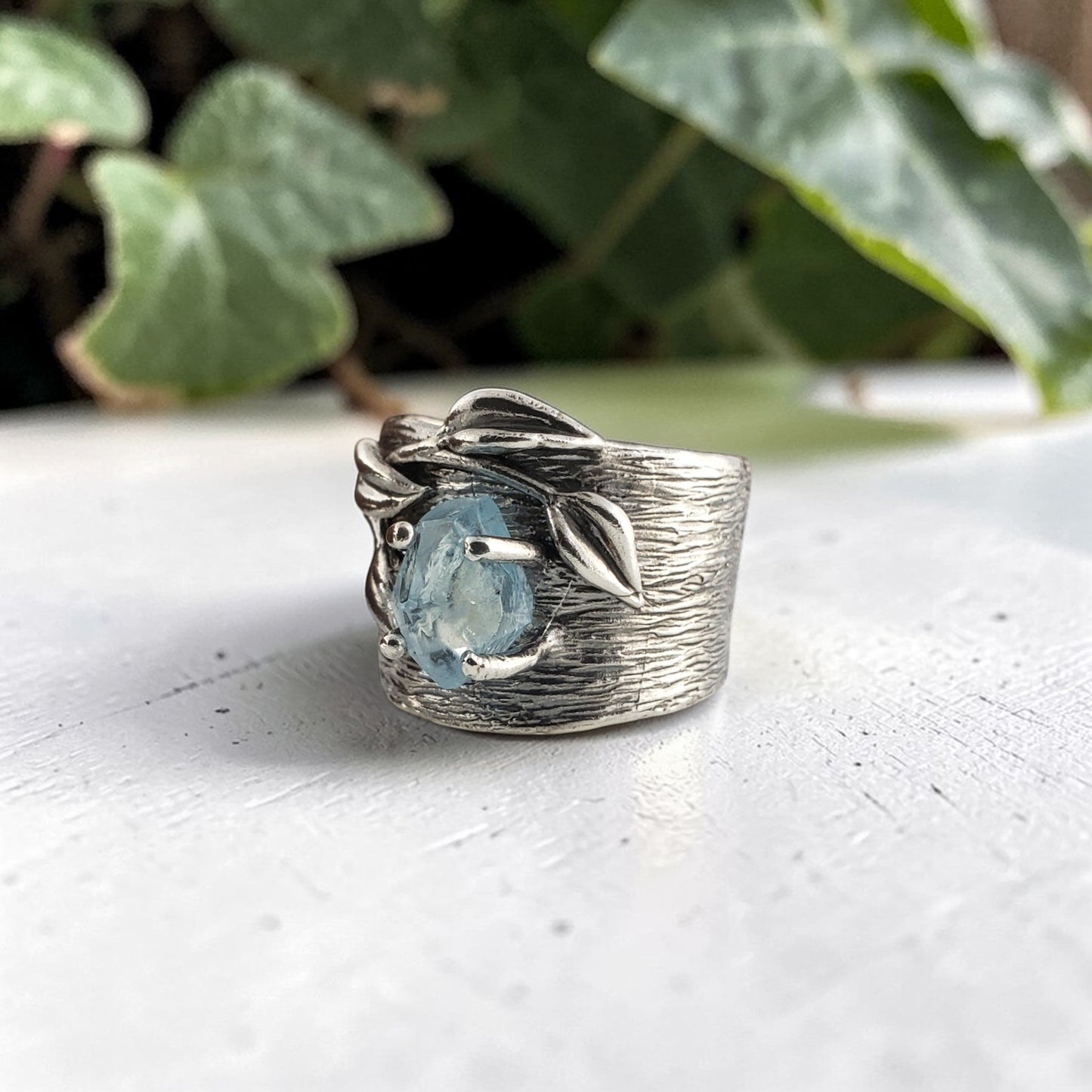 Handmade Sterling Silver Aquamarine Ring – Leaf & Twig Wide Band