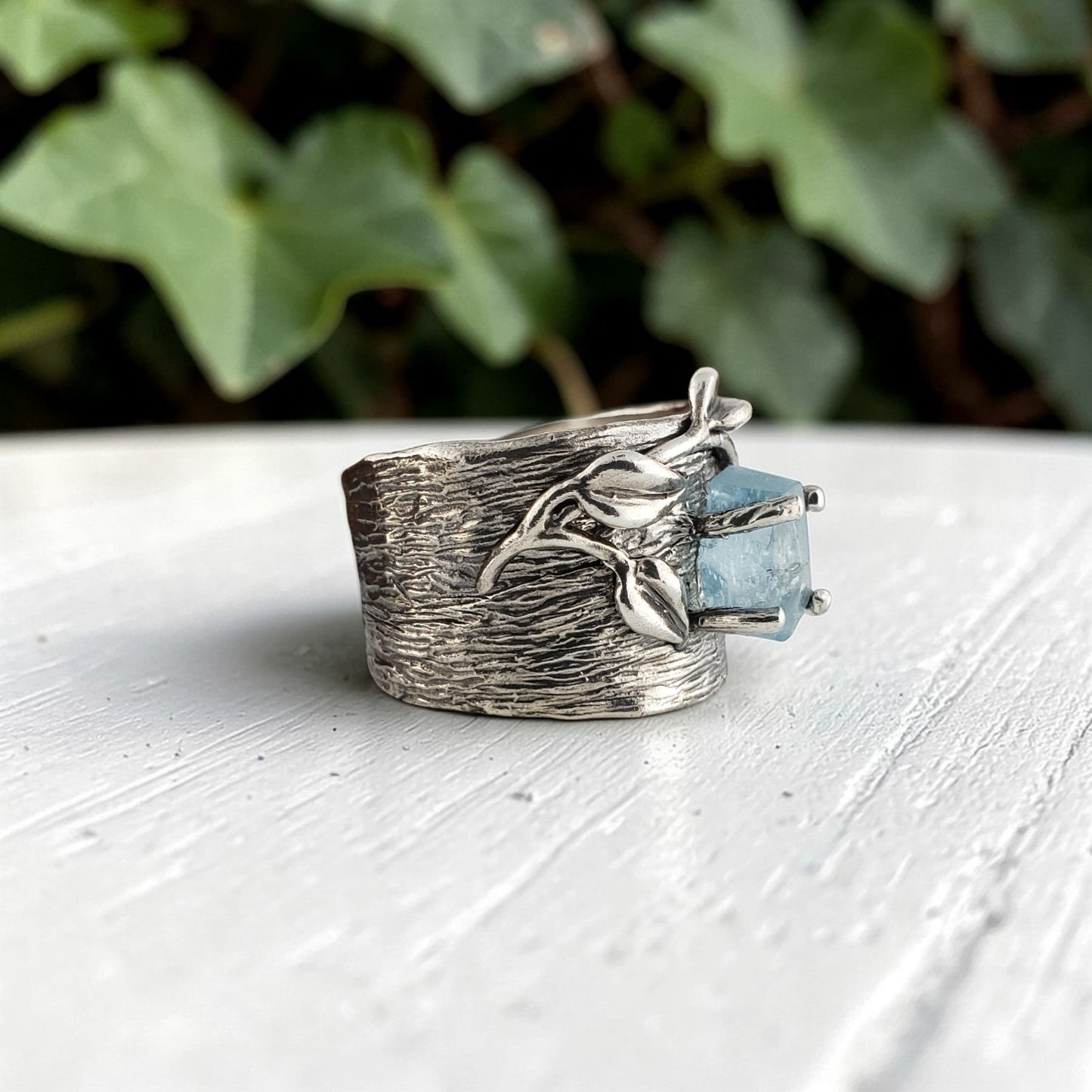 Handmade Sterling Silver Aquamarine Ring – Leaf & Twig Wide Band