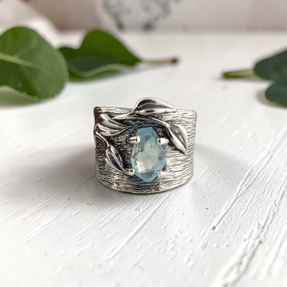 Handmade Sterling Silver Aquamarine Ring – Leaf & Twig Wide Band