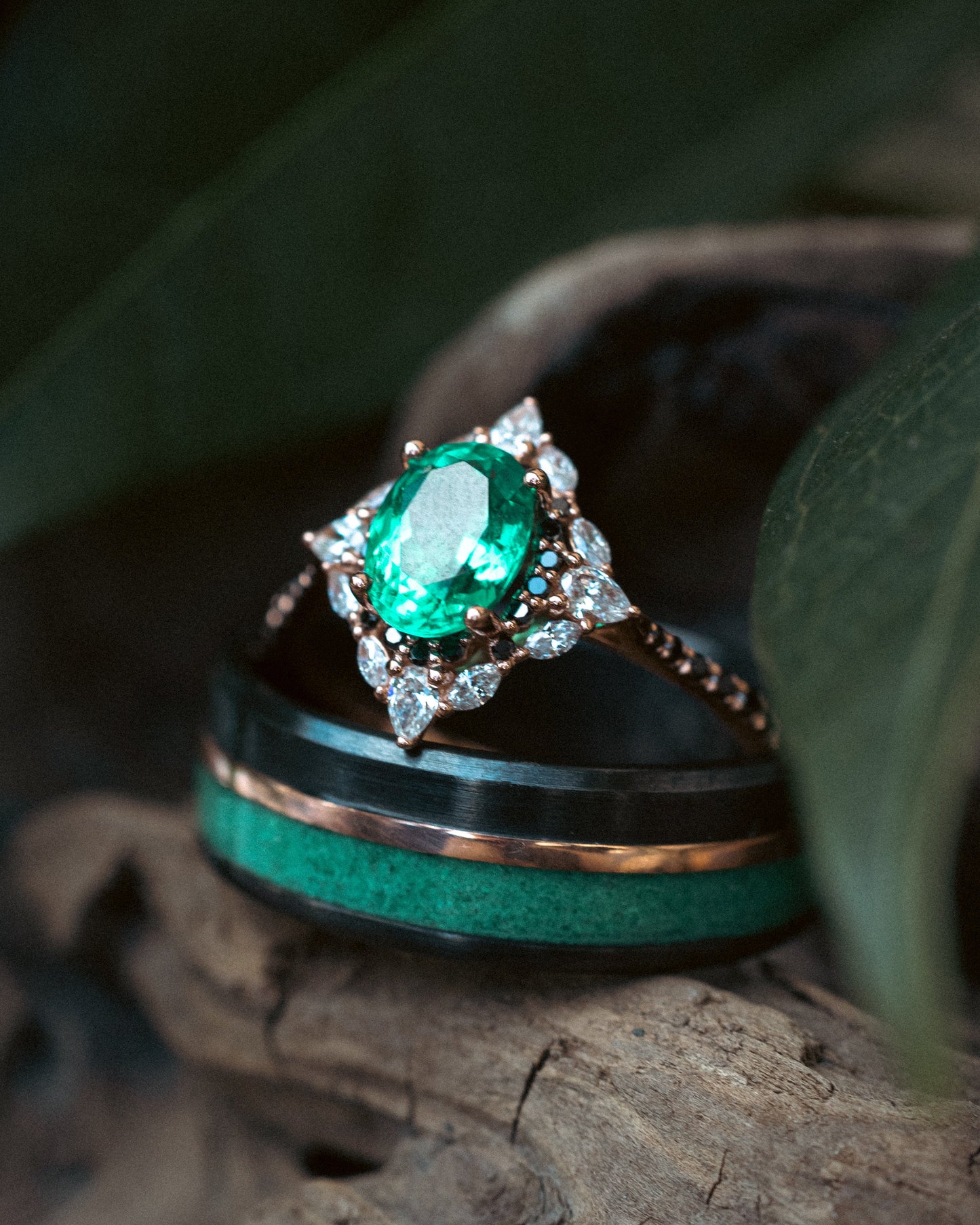 "North Star" - Oval Lab-Grown Emerald Engagement Ring With Diamond Halo & Diamond Accents
