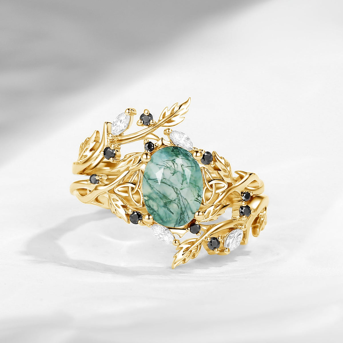 Celtic Calender | 3.18-4.14 | Nature Inspired Celtic Twist Oval Cut Moss Agate Alder Leaf Engagement Ring Set 2pcs