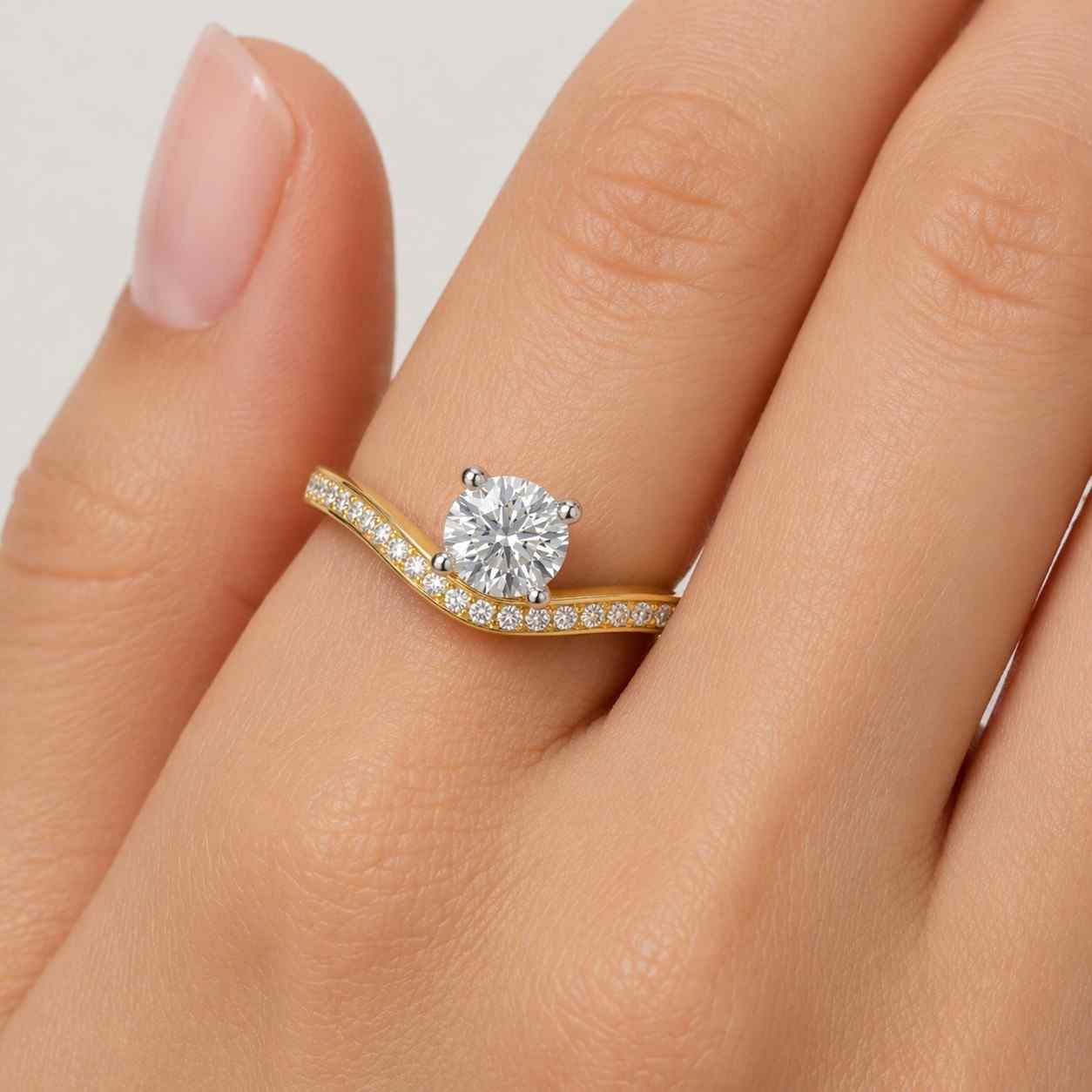 Round Cut Lab Grown Diamond Chevron Engagement Ring in 14K Yellow Gold