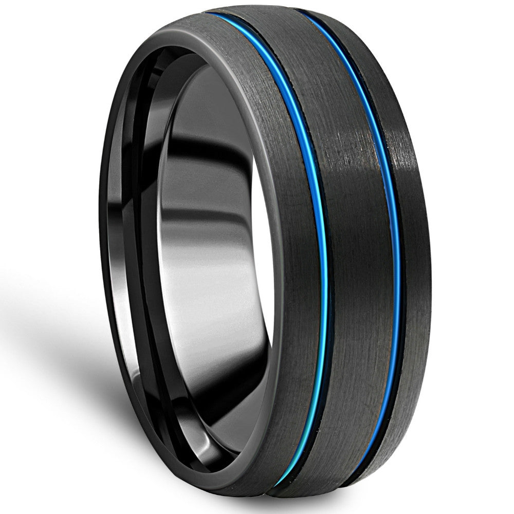 Men's Black & Blue Two Line Tungsten Ring Brushed Ring 8mm Wedding Band